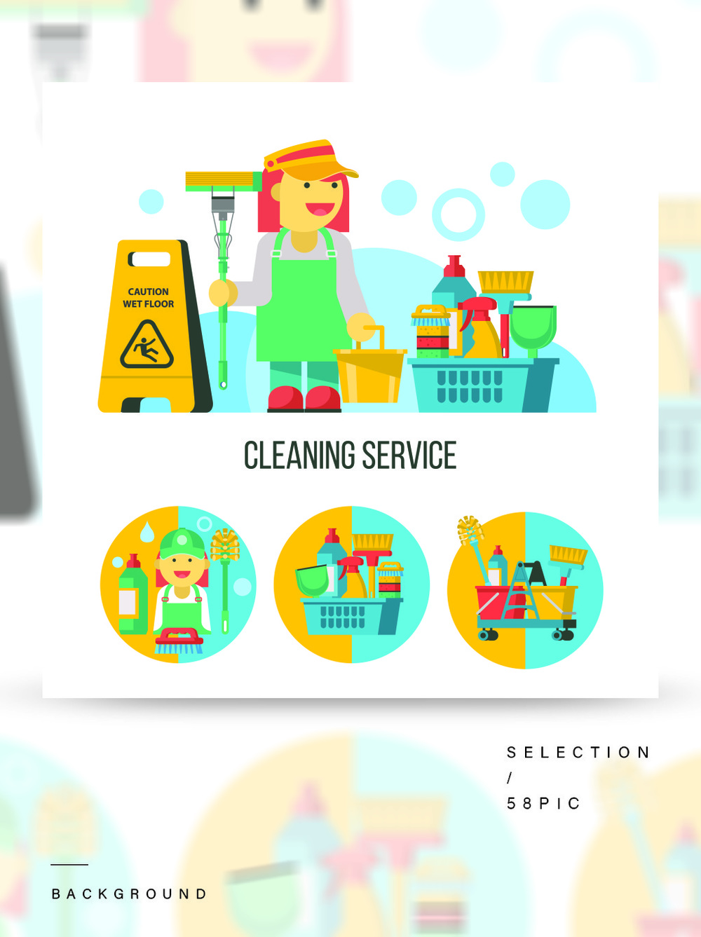 清潔服務平面矢量圖套標志徽標專業(yè)清潔場所套在白色背景隔絕的傳染媒介cliparts有拖把的清潔女工清潔產(chǎn)品濕地板標志